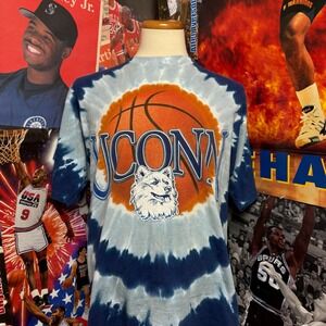 Vintage 90s UConn Huskies Tie Dye Liquid Blue NCAA Basketball Tee Sz XL